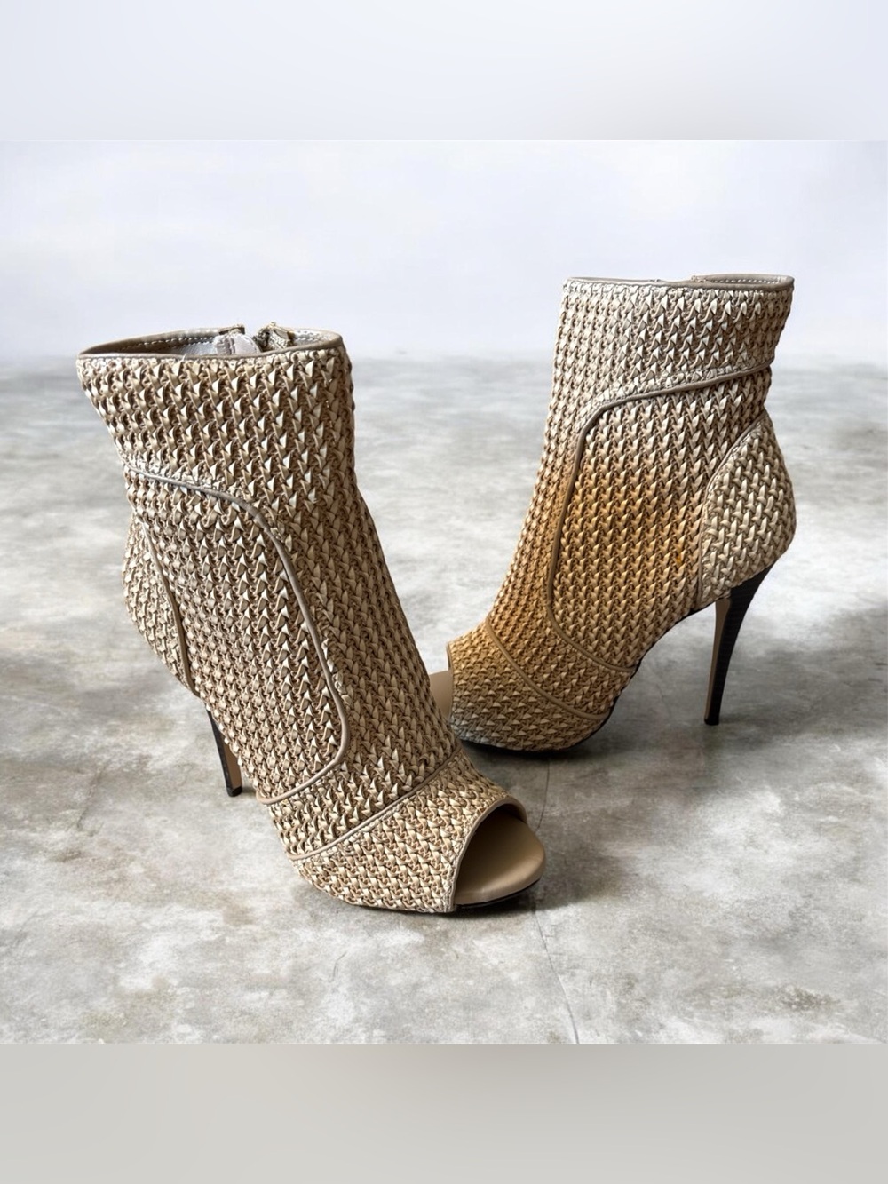 Woven Peep-Toe Stiletto Ankle Boots in Beige
